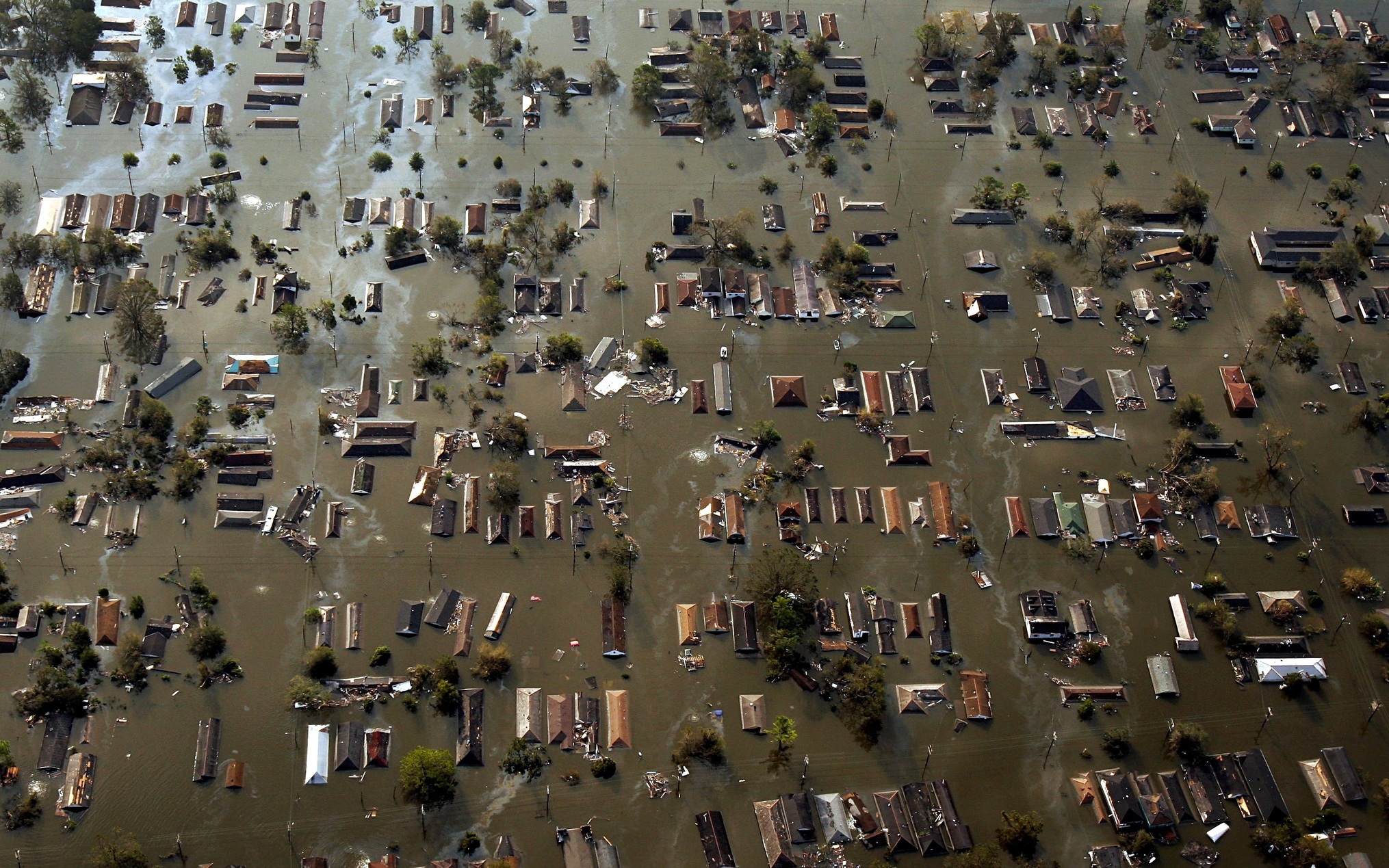 Water surrounds homes in the devastated 9th Ward in this aerial view of damage from Hurricane Katrina in New Orleans on Aug. 30, 2005.