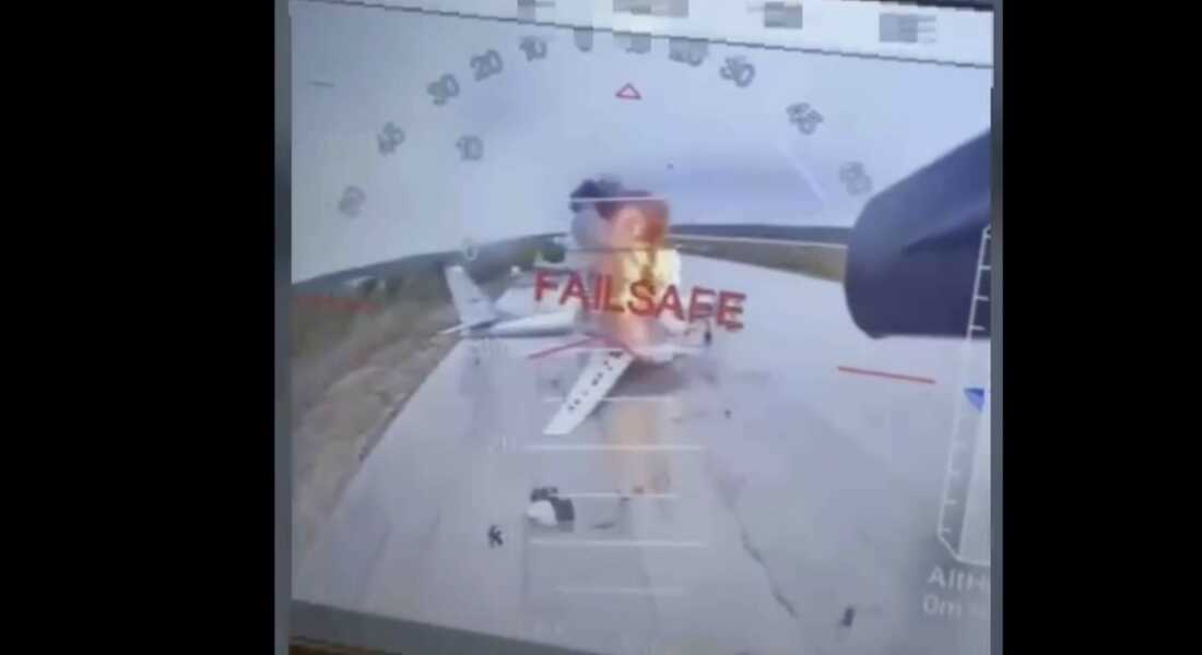 In this image taken from video released June 1, 2025, by a source in the Ukrainian Security Service shows a Ukrainian drone striking Russian planes deep in Russia's territory.