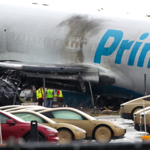 An Amazon cargo plane sits at Miami International Airport after overshooting a runway on Monday, Sept. 7, 2026, in Miami.