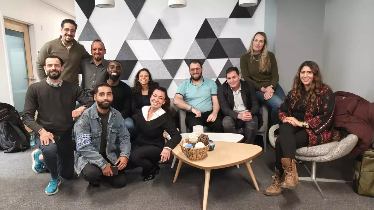 This year's cohort of Israeli and Palestinian entrepreneurs taking part in 50:50 Startups is smaller than usual, because the war prevented many from travelling. 50:50 co-founder Amir Grinsteen (third from right) founded the program seven years ago, believing that building businesses together would also build lasting bridges, that could advance the cause of peace.
