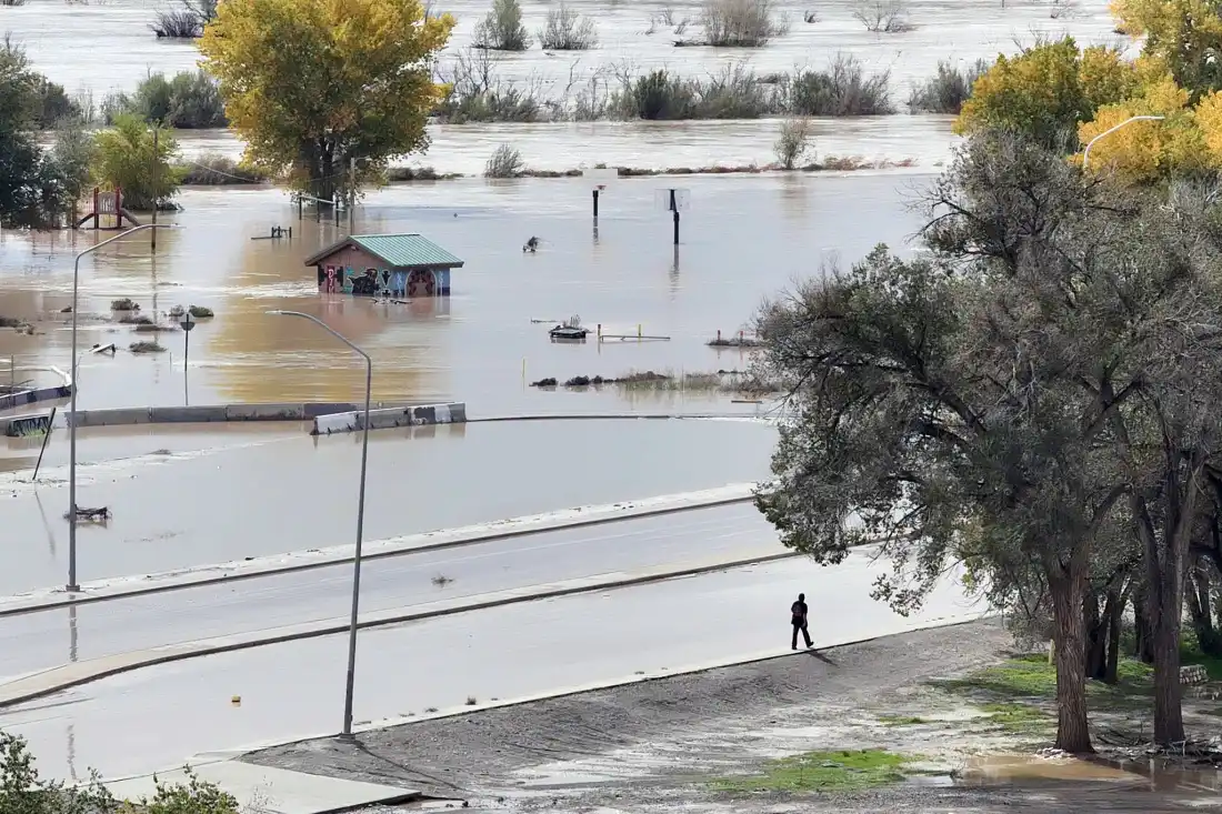 An aerial view of a flooded area in Shiprock, NM.
