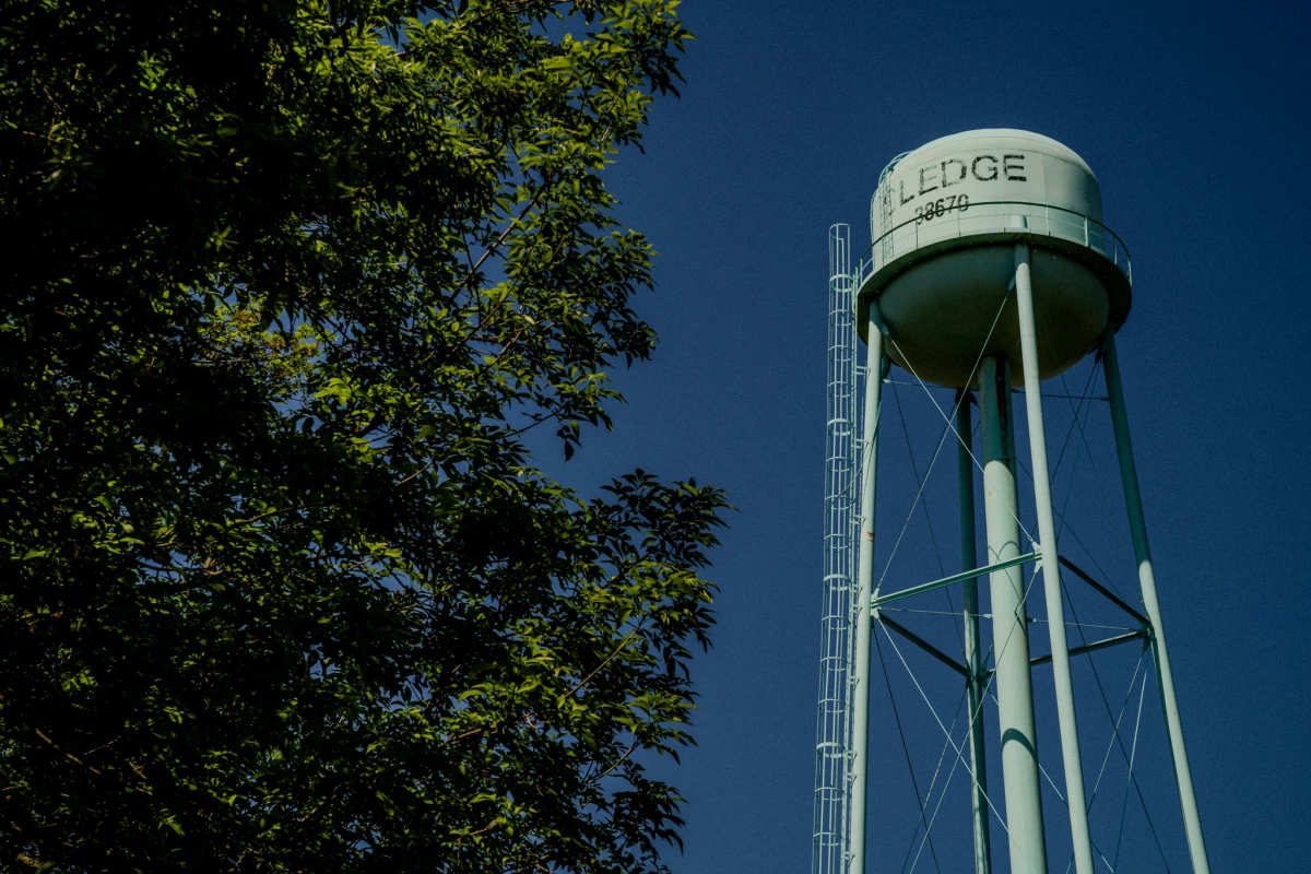 A water tower in the town of Sledge, Miss. on Friday, April 17, 2026.