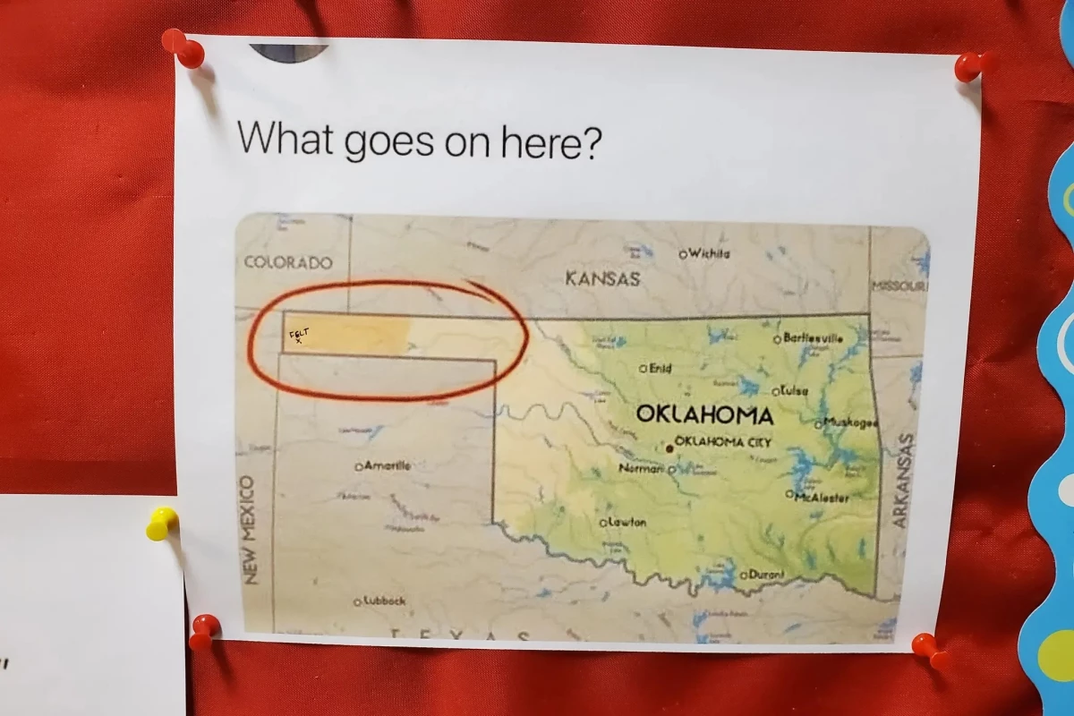 An internet meme about the Oklahoma Panhandle is displayed on a bulletin board at the Oklahoma state historian's office.