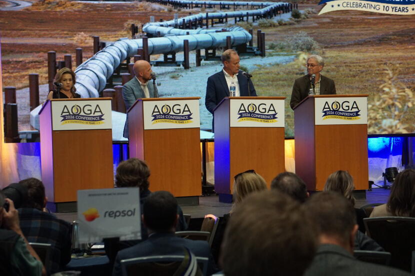 The four gubernatorial candidates emerging from Alaska's open primary gathered on the stage on Aug. 26, 2026 at the annual conference held by the Alaska Oil and Gas Association. From left are Republican Bernadette Wilson, Democrat Jonathan Kreiss-Tompkins, Republican Dave Bronson and Democrat Tom Begich.