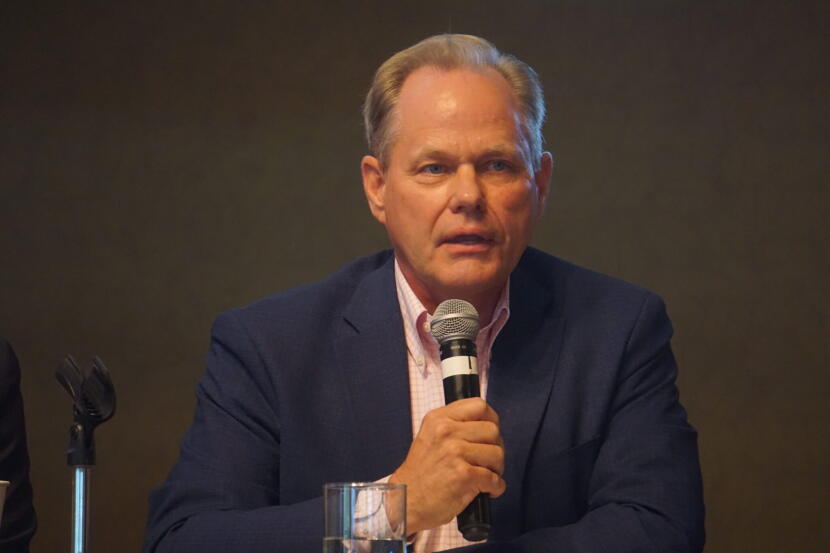Former Anchorage Mayor Dave Bronson, a Republican, speaks at a gubernatorial candidate forum held in Girdwood on Sept. 16, 2026, by the Alaska Hospital and Healthcare Association.