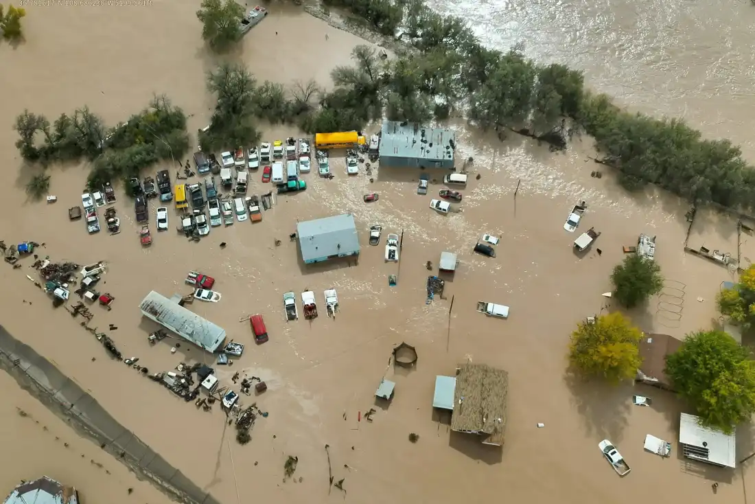 An aerial view of a flooded area in Shiprock, New Mexico.