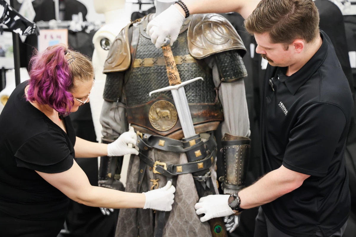 Jorah Mormont armor ensemble with longsword from Game of Thrones dressed by Paul Bisnette and Toni Weidman.