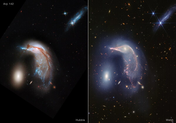 Two interacting galaxies, dubbed the Penguin and the Egg, are seen in more clarity and detail than ever, after NASA released a new image (right) from the James Webb Space Telescope. An older image from the Hubble Space Telescope is seen at left.