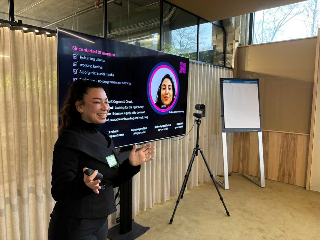 Hagar Shmaia, from Israel, was one of about a dozen Israeli and Palestinian entrepreneurs who pitched their ideas to a room of investors, as part of the 50:50 Startups program. Shmaia has designed an online platform called “Besty” that allows women to find a wide range of support on-demand