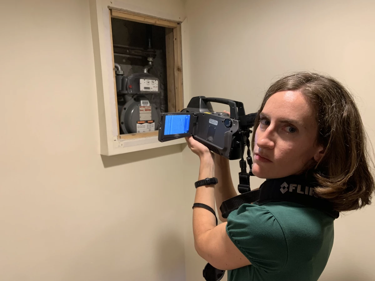 Melissa Ostroff used an optical gas imaging camera to see a methane leak from the gas meter in her basement.