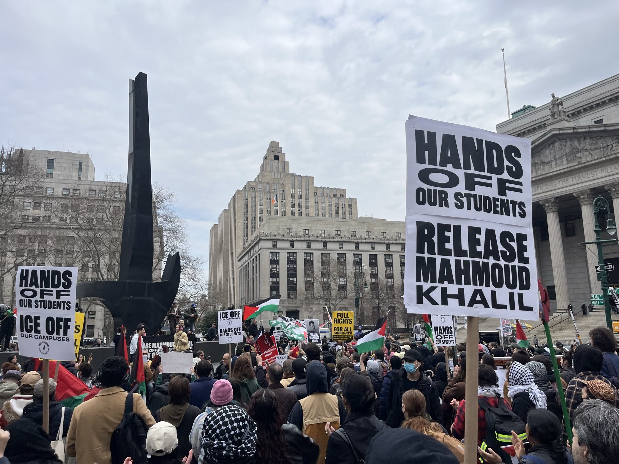 Supporters of Mahmoud Khalil rally outside the United States District Court for the Southern District of New York in Manhattan on March 12, 2025.