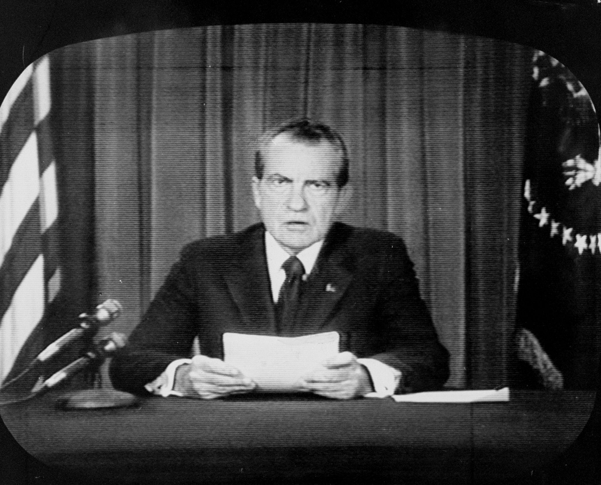 TV image of President Richard Nixon announcing his decision to resign.  (NY Daily News Archive via Getty Images)