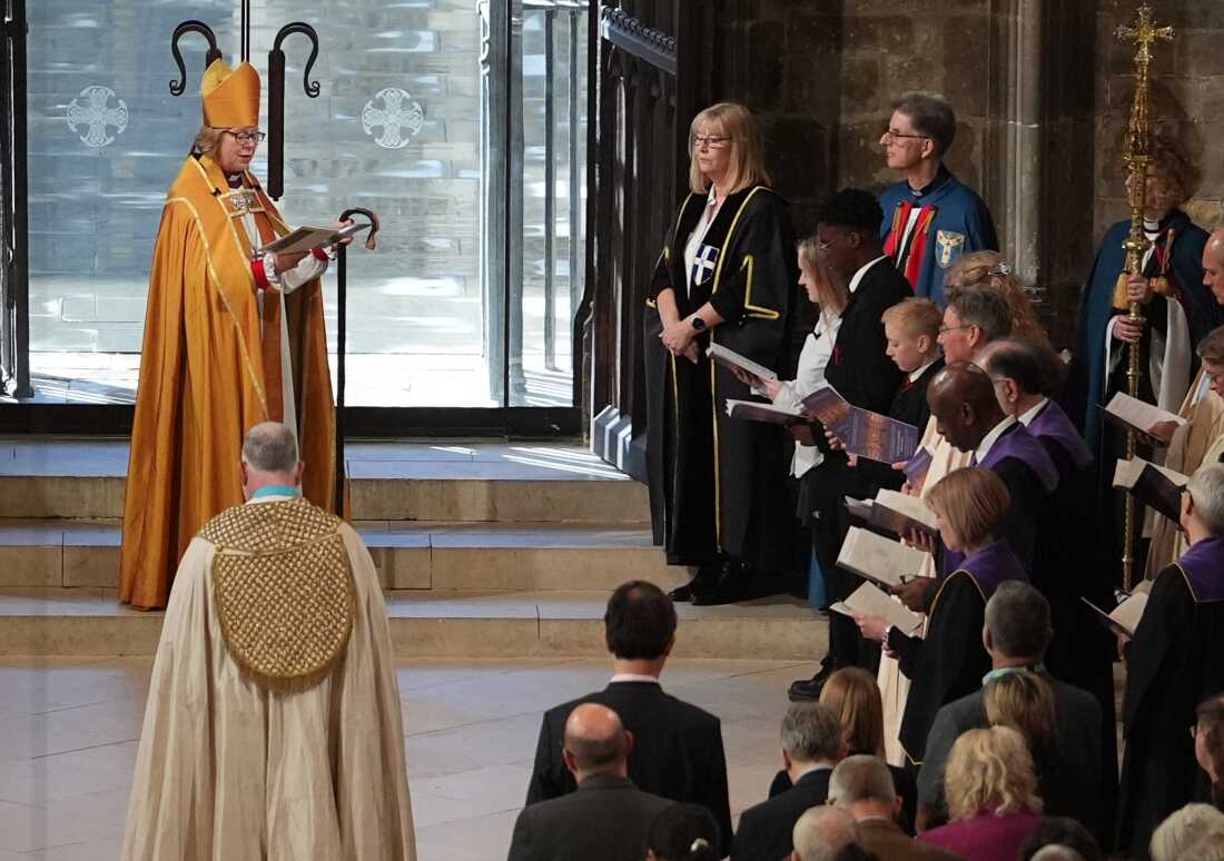 The Archbishop of Canterbury Dame Sarah Mullally is greeted by local school children during the Enthronement Ceremony installing her as the 106th Archbishop of Canterbury, at Canterbury Cathedral, England, Wednesday March 25, 2026.