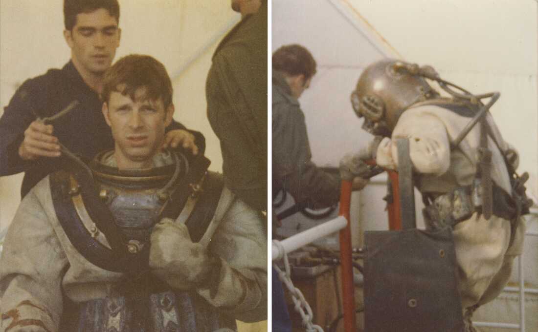 Erik Jensen dons the Mark V deepwater diving suit in 1983.