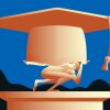 This illustration shows a statue of Atlas holding up a giant graduation cap.