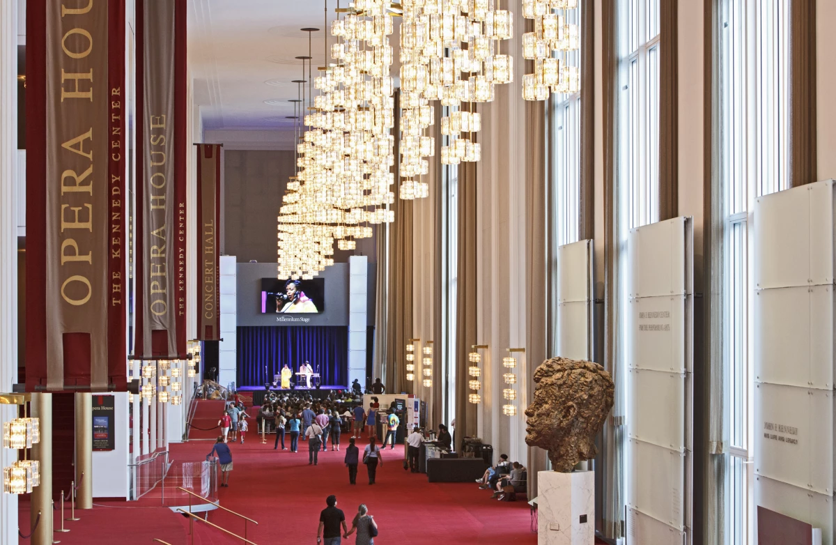 The grand foyer in the John F. Kennedy Center for the performing arts
