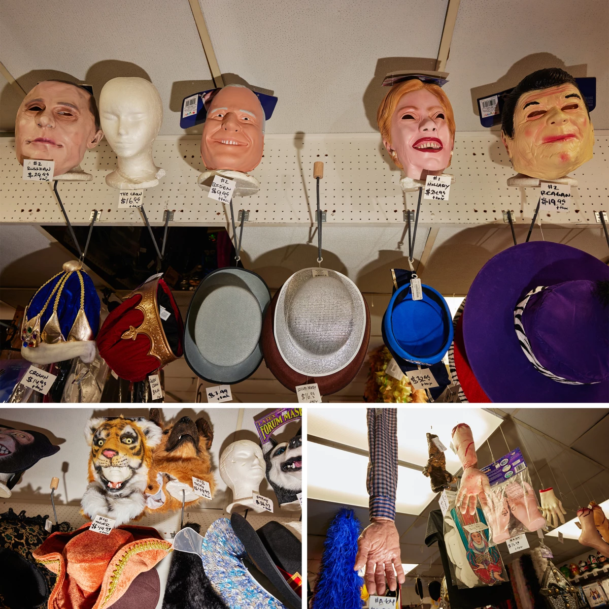 Ghoulish masks of famous political figures, ornately beaded headpieces and props hang from the walls and ceiling. Customers can come in and share their ideas with Boschet, and she helps them bring that vision to life.
