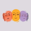 An illustration shows various faces, almost like masks, making different expressions across a spectrum of emotions, ranging from angry to happy to sad; each mask is a different color, red, yellow, and purple, all against a gray backdrop.