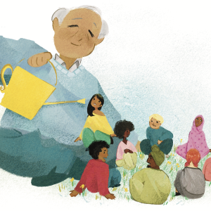 An older man waters his village of friends and neighbors with a watering can. 