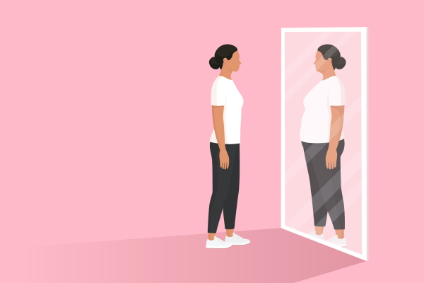 An illustration of a woman looking in the mirror and seeing herself as overweight.