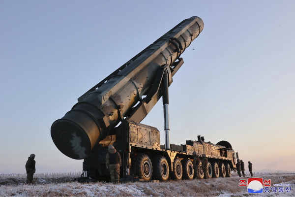 This undated photo provided Dec. 19, 2023, by the North Korean government shows what it says is an intercontinental ballistic missile (ICBM) being prepared to launch from an undisclosed location in North Korea.