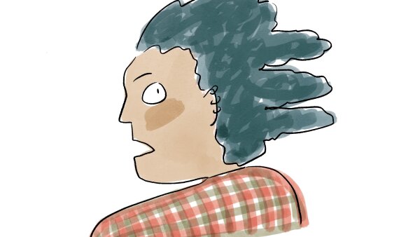 An illustration of the side profile of a woman with a bad haircut.