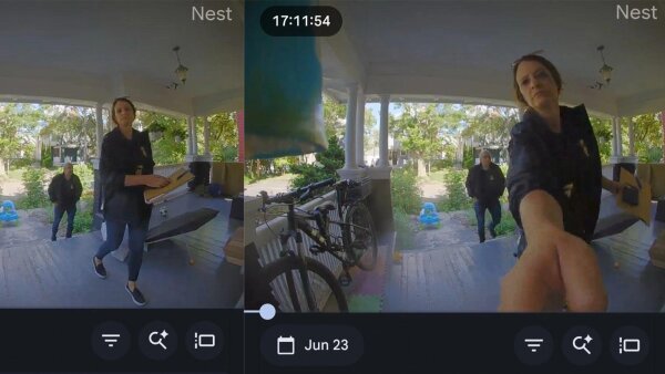 In side-by-side photos recorded by a doorbell camera, two federal agents in blue jackets are seen on David Streever's porch at his home in Rochester, N.Y.