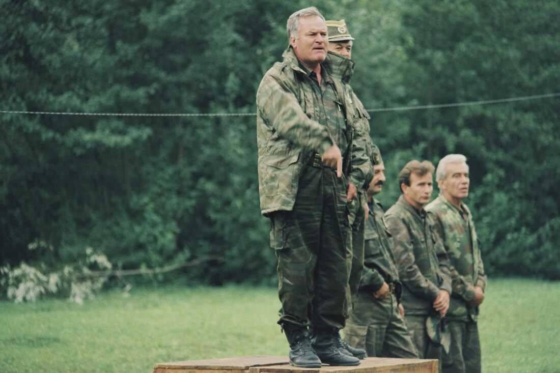 Bosnian Serb Gen. Ratko Mladic speaks to soldiers near the Bosnian town of Cazin, Sept. 4, 1994.