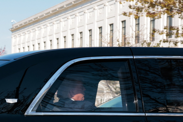 President Trump rides in his motorcade as he arrives at the Supreme Court on April 1, 2026 to watch justices hear a landmark case weighing the constitutionality of his contentious bid to end birthright citizenship.