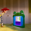An animated scene from Toy Story 5 shows horse toy Bullseye, and cowgirl doll Jessie angrily confronting Lilypad, a tablet that looks like a frog.