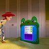 An animated scene from Toy Story 5 shows horse toy Bullseye, and cowgirl doll Jessie angrily confronting Lilypad, a tablet that looks like a frog.