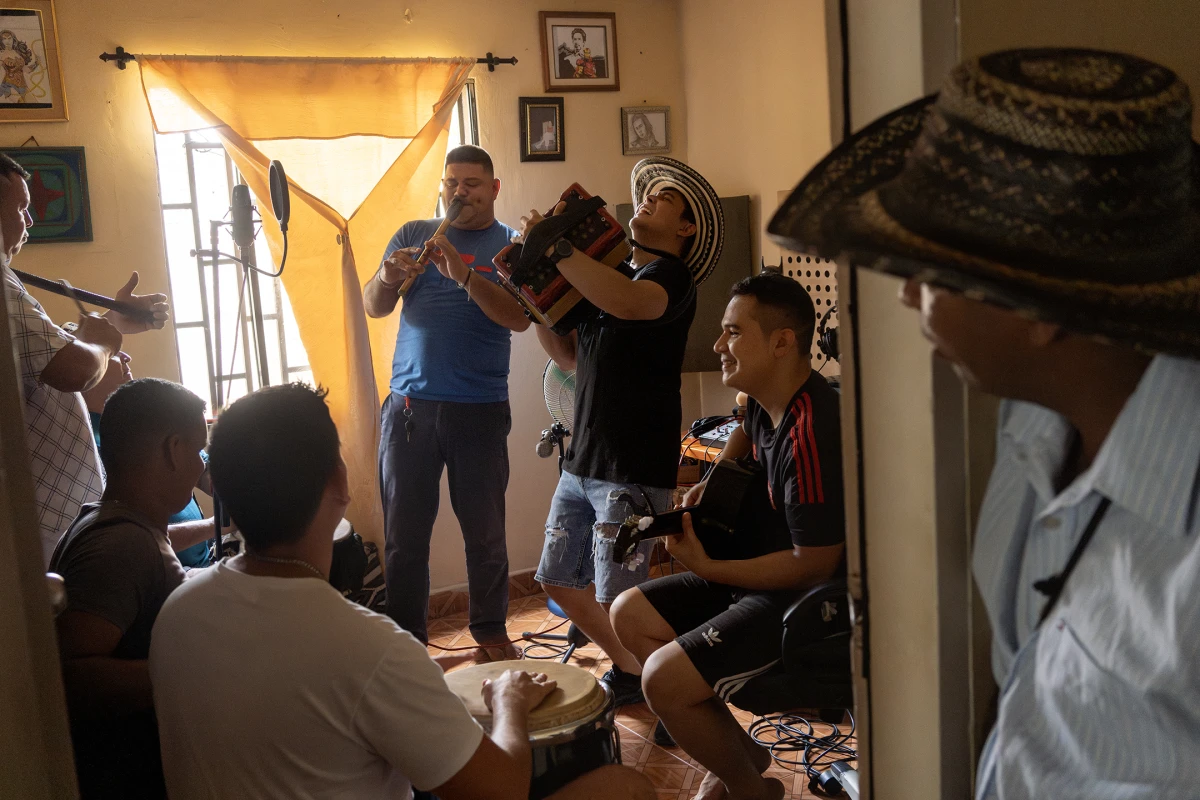 Yieson Landero, grandson of the legendary composer Andrés Landero, records a song at Estudio Mastil Récords on Aug. 12, 2022, in San Jacinto, Bolívar, Colombia, during the Festival Nacional Autóctono de Gaitas.