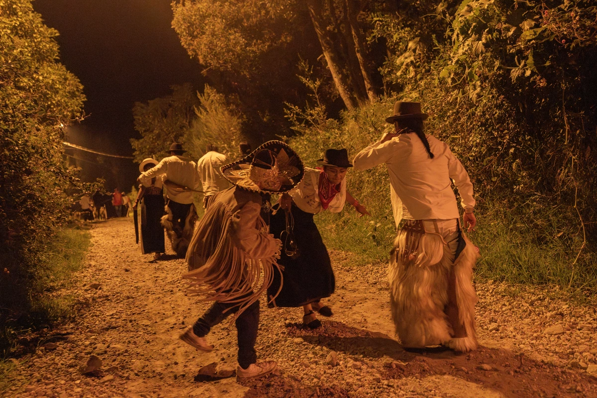 Dancers at the celebration of San Juanes in Cotacachi, Imbabura, Ecuador, on June 30, 2024.