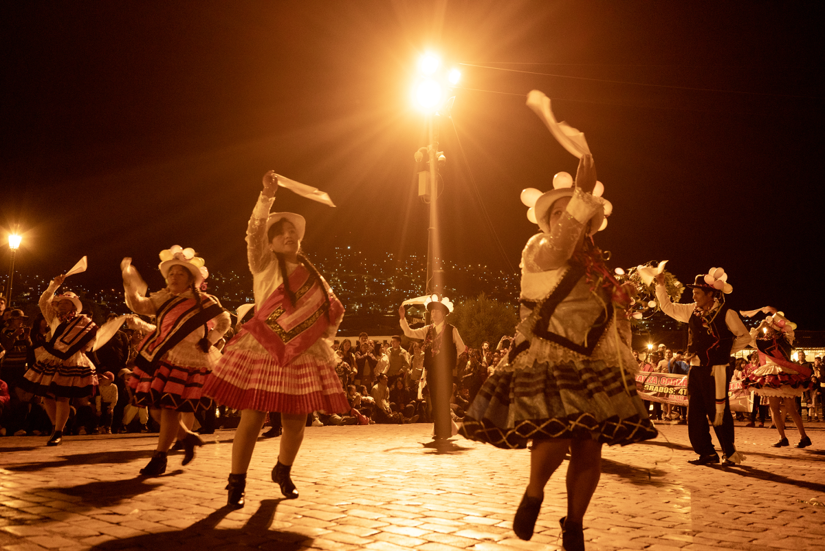High school students dance folkloric music, such as huayno, in the Plaza de Armas in Cusco, Peru, on Nov. 3, 2024.