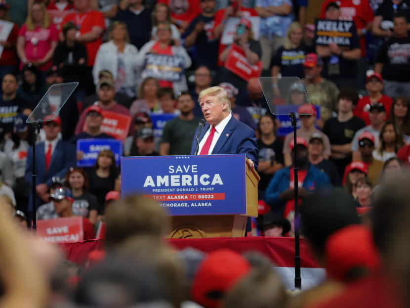 Donald Trump at his 2022 rally at the Alaska Airlines Center in Anchorage.