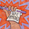 This illustration shows a raised hand that's gripping a purple pen injector that's horizontally oriented. A piece of paper that's draped over the pen says: "GLP-1 APPROVED."