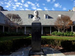 The bust of President Franklin D. Roosevelt stands in front of the Franklin D. Roosevelt Presidential Library and Museum in Hyde Park, N.Y.