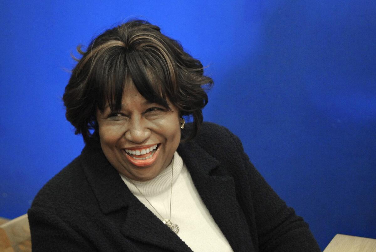 Then-Chicago mayoral candidate Carol Moseley Braun talks to a reporter at Yolk restaurant in Chicago on Tuesday, Feb. 22, 2011.