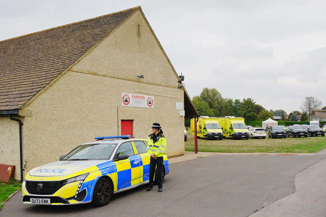 Emergency services at the scene of an incident close to RAF Fairford,, in Whelford, England, Sunday, Sept. 27, 2026.