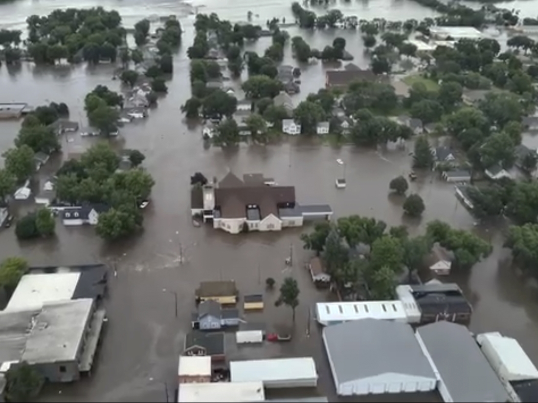 This image provided by Sioux County Sheriff shows City of Rock Valley, Iowa on Saturday, June 22, 2024. Gov. Kim Reynolds sent helicopters to the small town to evacuate people from flooded homes Saturday, the result of weeks of rain, while much of the United States longed for relief from yet another round of extraordinary heat.(Sioux County Sheriff via AP)