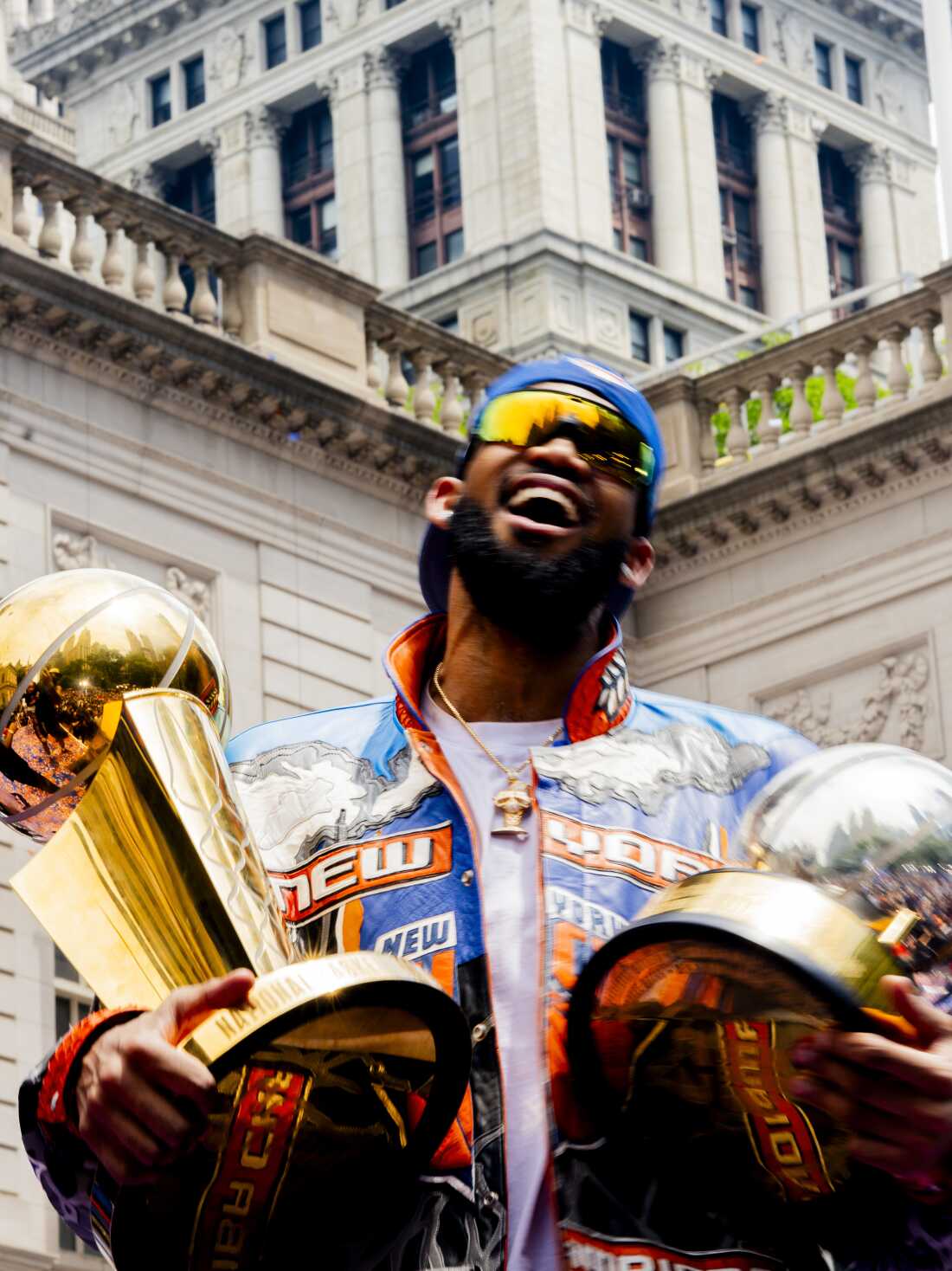 Karl-Anthony Towns of The New York Knicks celebrates winning the 2026 NBA Championship during a ticker tape parade at City Hall.