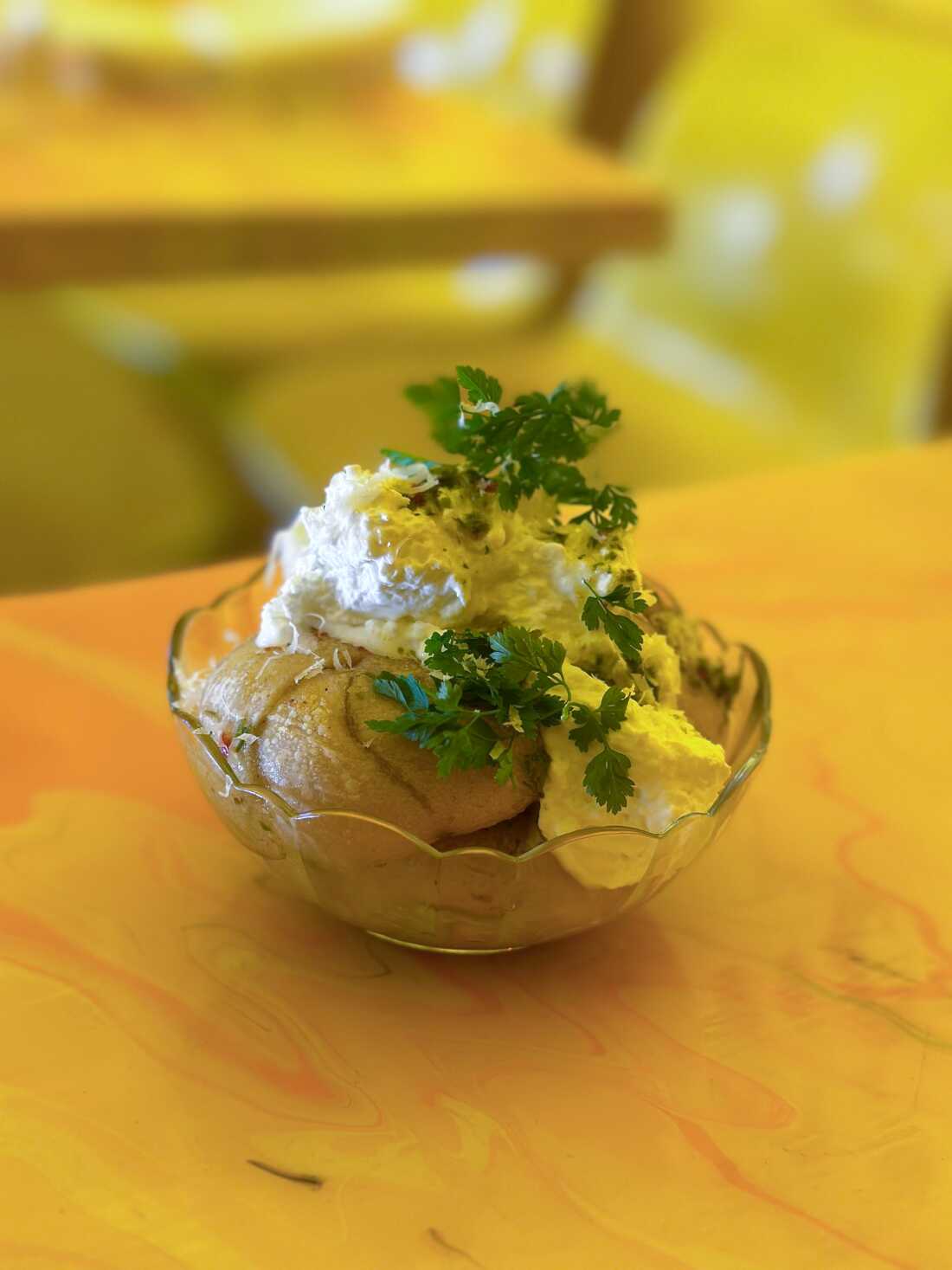 Ricotta Fluff sits atop Shuggie's Garlic Knots, with a dash of Carrot Top Chimi. The fluff can also be used in desserts.