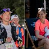 On the left, Stephanie Case in cap and running vest during the Ultra-Trail Snowdonia race. On the right, Case sits and breastfeeds her baby.