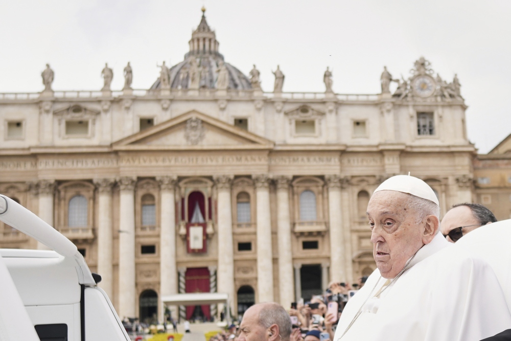Pope Francis tours St. Peter's Square in his popemobile after bestowing the Urbi et Orbi (Latin for to the city and to the world) blessing at the end of the Easter mass presided over by Cardinal Angelo Comastri in St. Peter's Square at the Vatican Sunday, April 20, 2025. (AP)