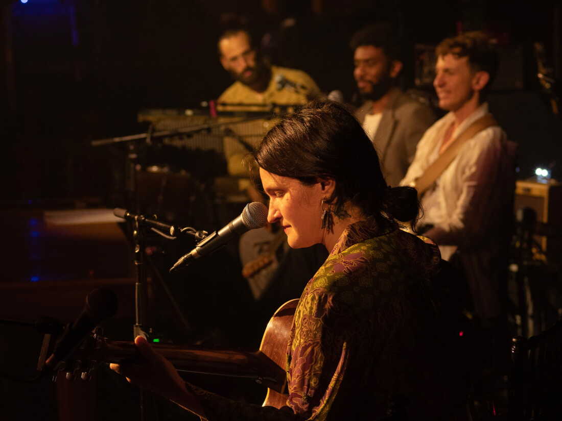 Lenker (in foreground) along with the other core members of Big Thief's touring band, (from left to right) drummer James Krivchenia, bassist Joshua Crumbly and guitarist Buck Meek.