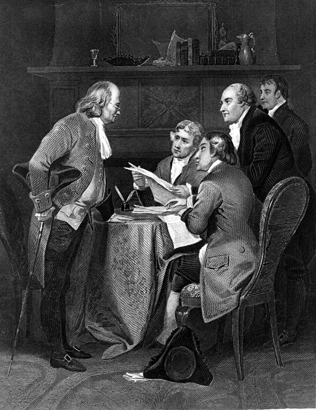 Thomas Jefferson and John Adams (second and third from left), shown helping draft the Declaration of Independence.