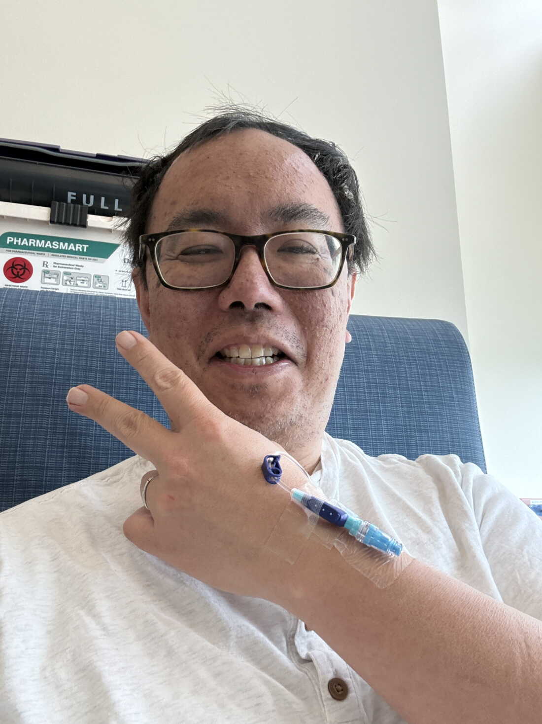 Bryant Lin receives a chemo infusion in the early days of his treatment in June 2024.