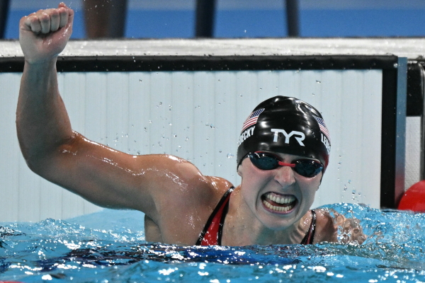Katie Ledecky of Team USA celebrates after winning Wednesday's final of the women's 1,500m freestyle swimming event during the Paris 2024 Olympic Games. It was her eighth Olympic gold medal.