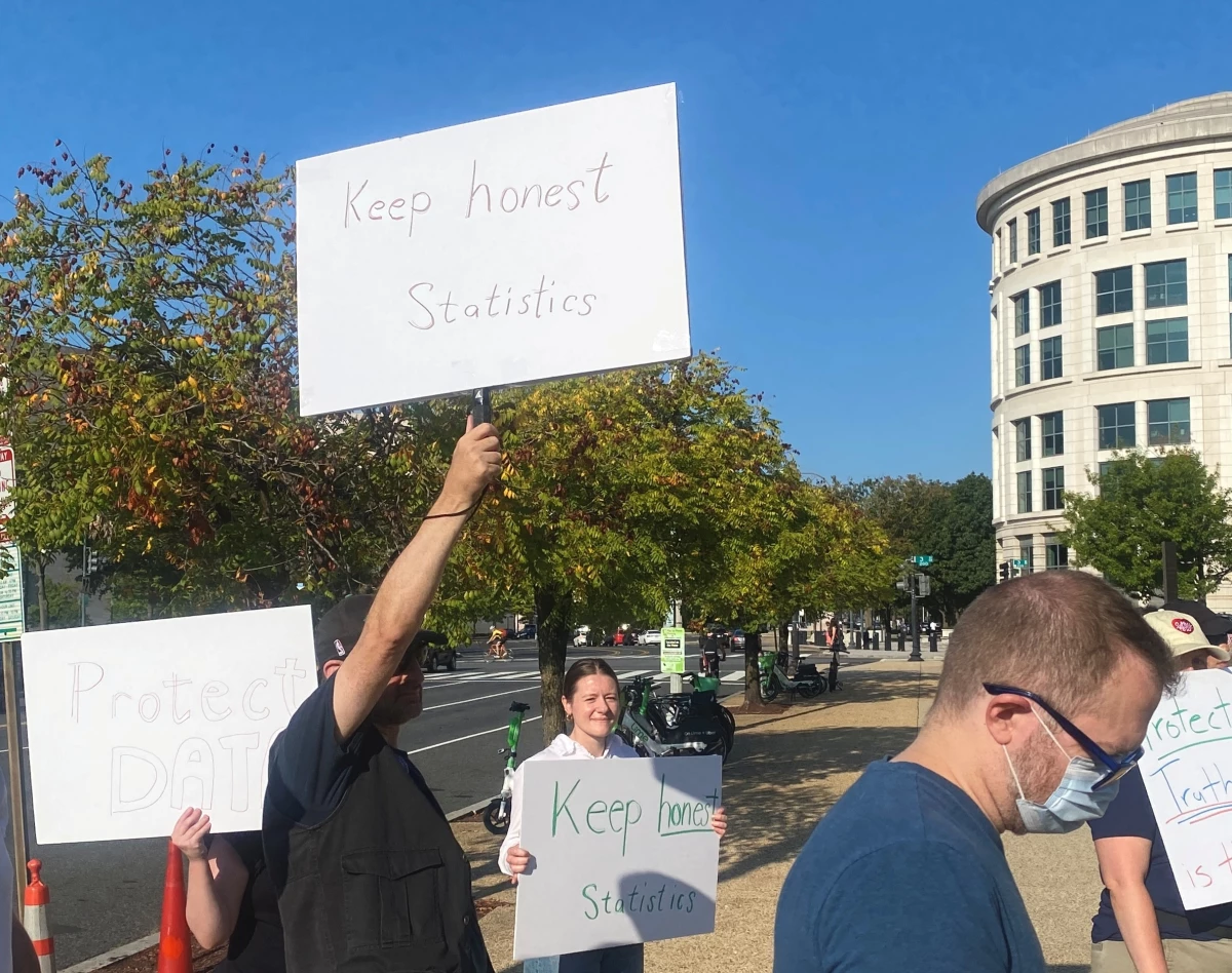 Supporters of Bureau of Labor Statistics employees join a rally outside the Labor Department on Friday, September 5, 2025, in Washington, D.C.