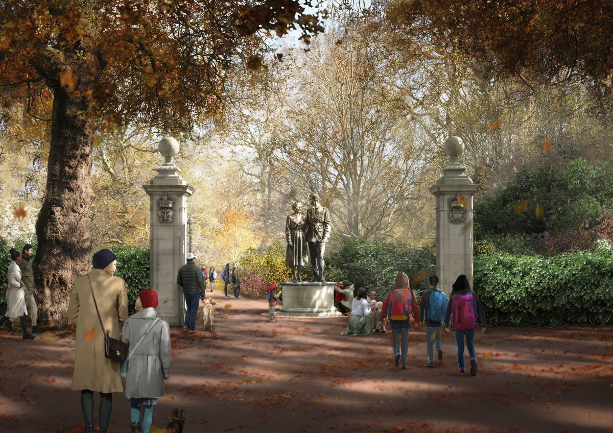 Foster + Partners' design concept features figurative sculptures of the queen and her husband Prince Philip.
